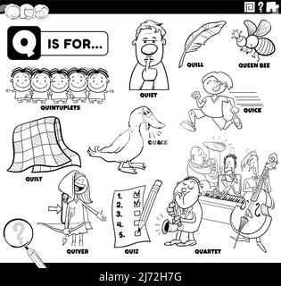 Black and white educational cartoon illustration for children with ic characters and objects set for letter q coloring book page stock vector image art