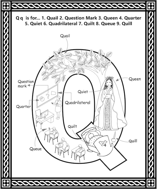 Premium vector alphabet q letter coloring book with cartoon vocabulary learning activity worksheet for kids