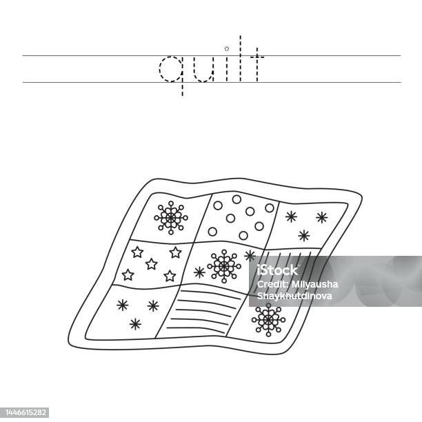 Trace the letters and color cartoon quilt handwriting practice for kids stock illustration