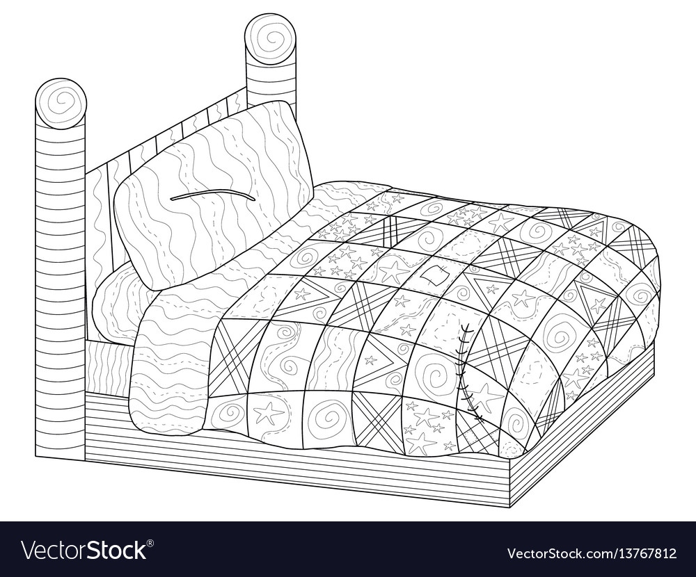 Bed with a patchwork quilt coloring book vector image