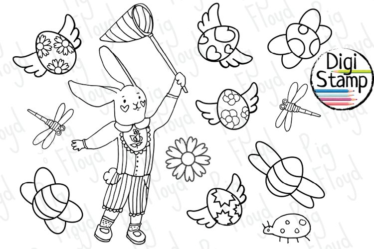 Bunny black outline coloring page eggs butterfly coloring
