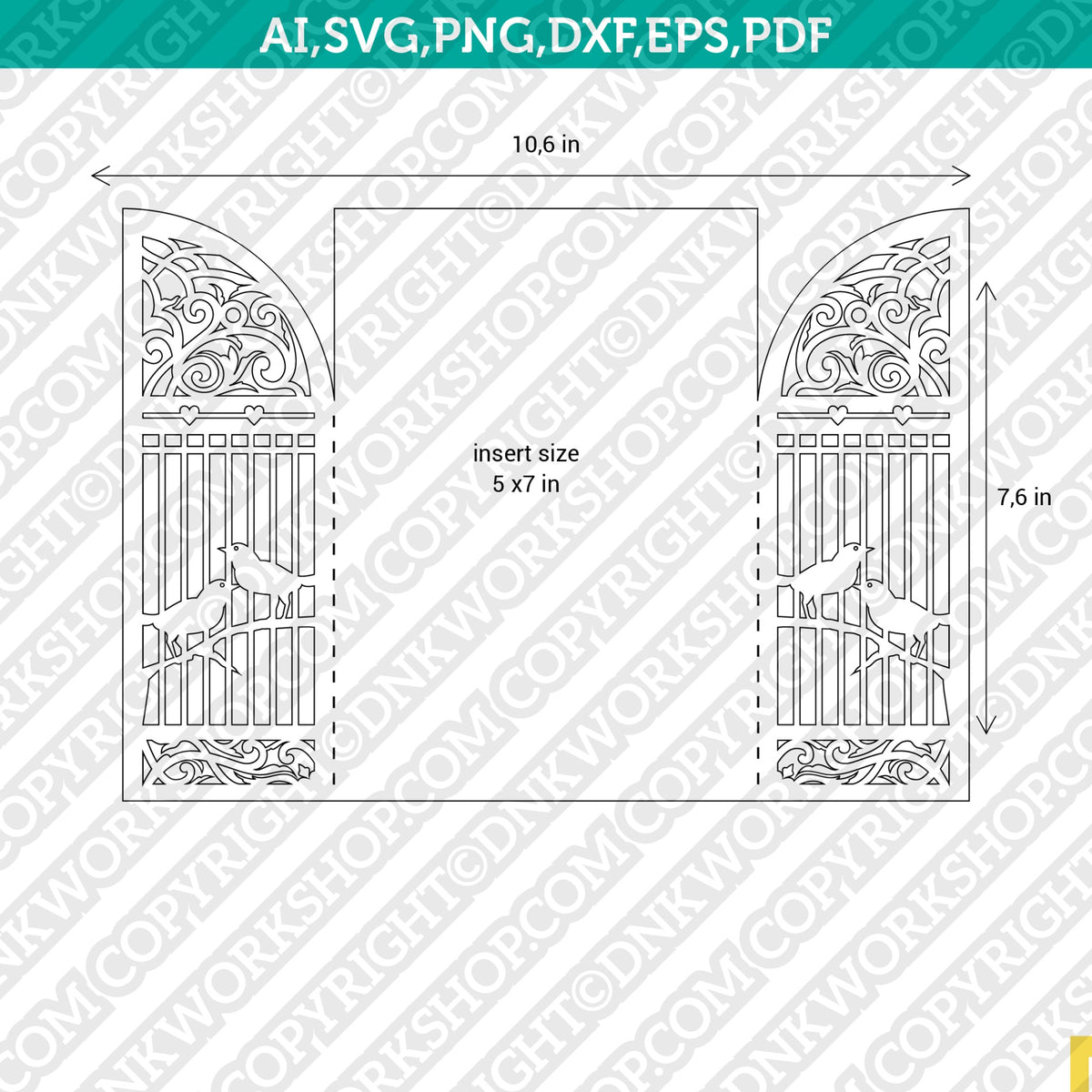 Birdcage birds gate fold wedding invitation template svg laser cut â