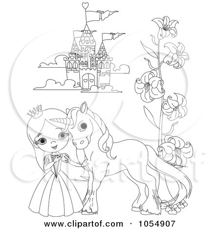 Coloring page outline of a princess and pony by a castle posters art prints by