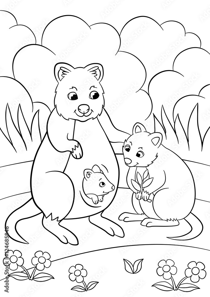 Coloring pages mother quokka with her cute babies vector