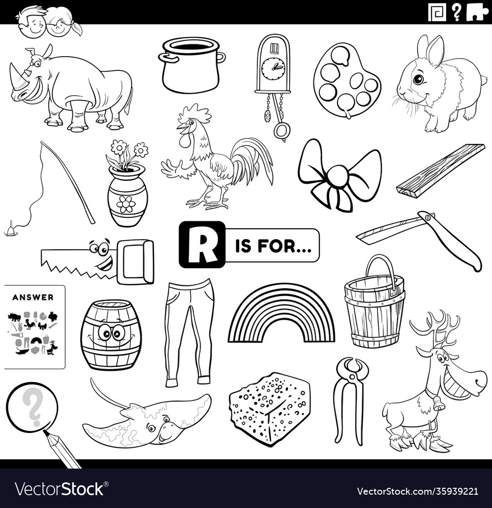 Letter r words educational task coloring book page