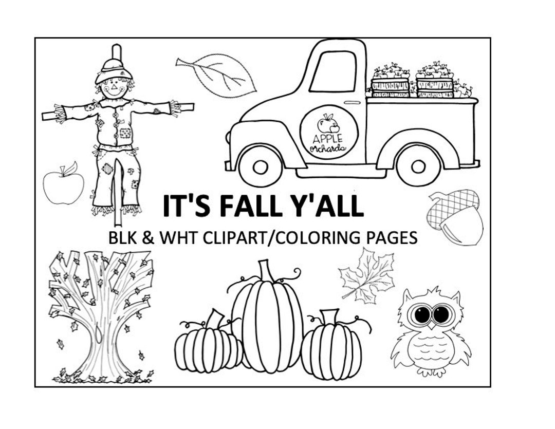 Autumn coloring pages black white clipart digital download png files