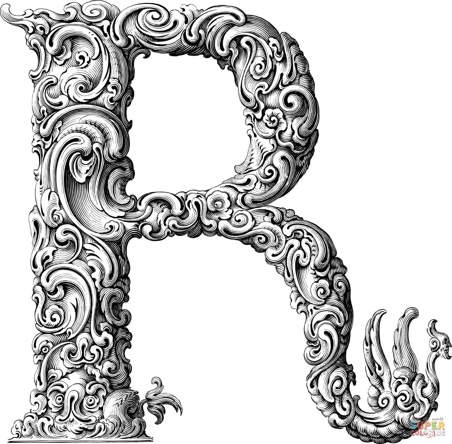 Elegant flourish letter r coloring page free printable coloring pages