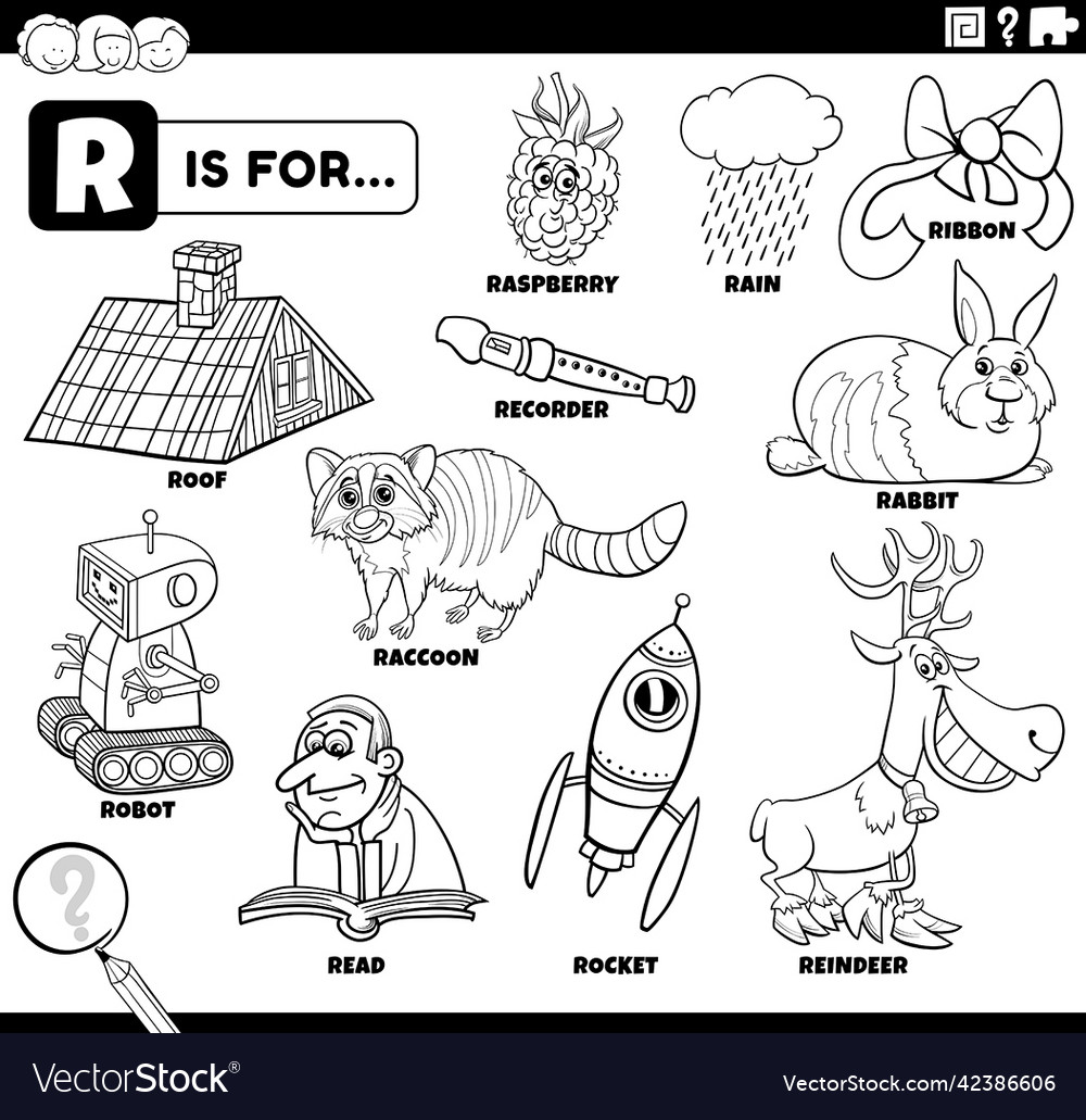 Letter r words educational set coloring book page vector image
