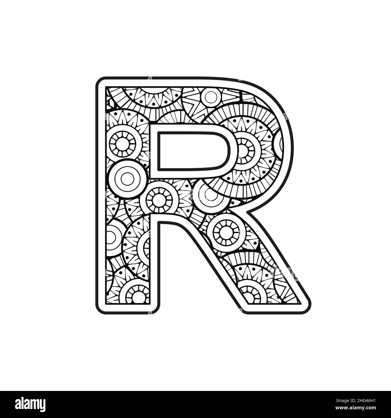 Coloring page for adult contour capital english letter r on a mandala background stock vector image art