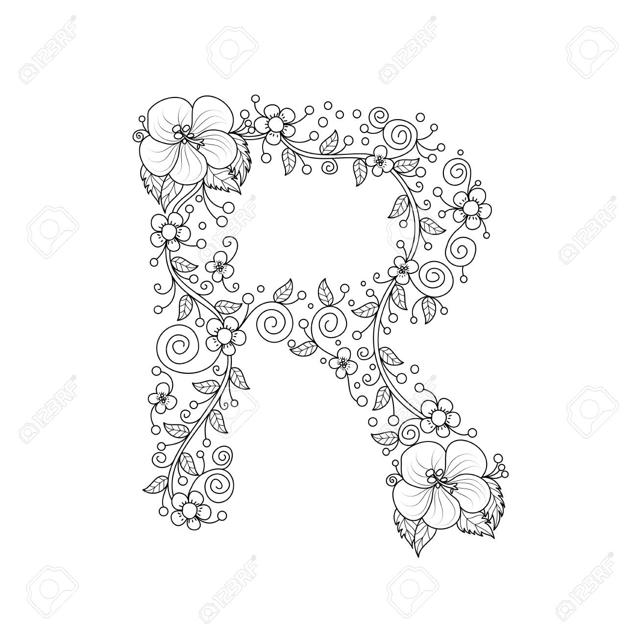 Floral alphabet letter r coloring book for adults vector illustrationhand drawndoodle style royalty free svg cliparts vectors and stock illustration image