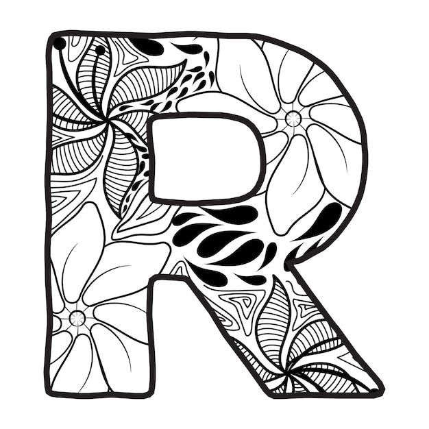 Premium vector hand drawn capital letter r in black coloring sheet for adults