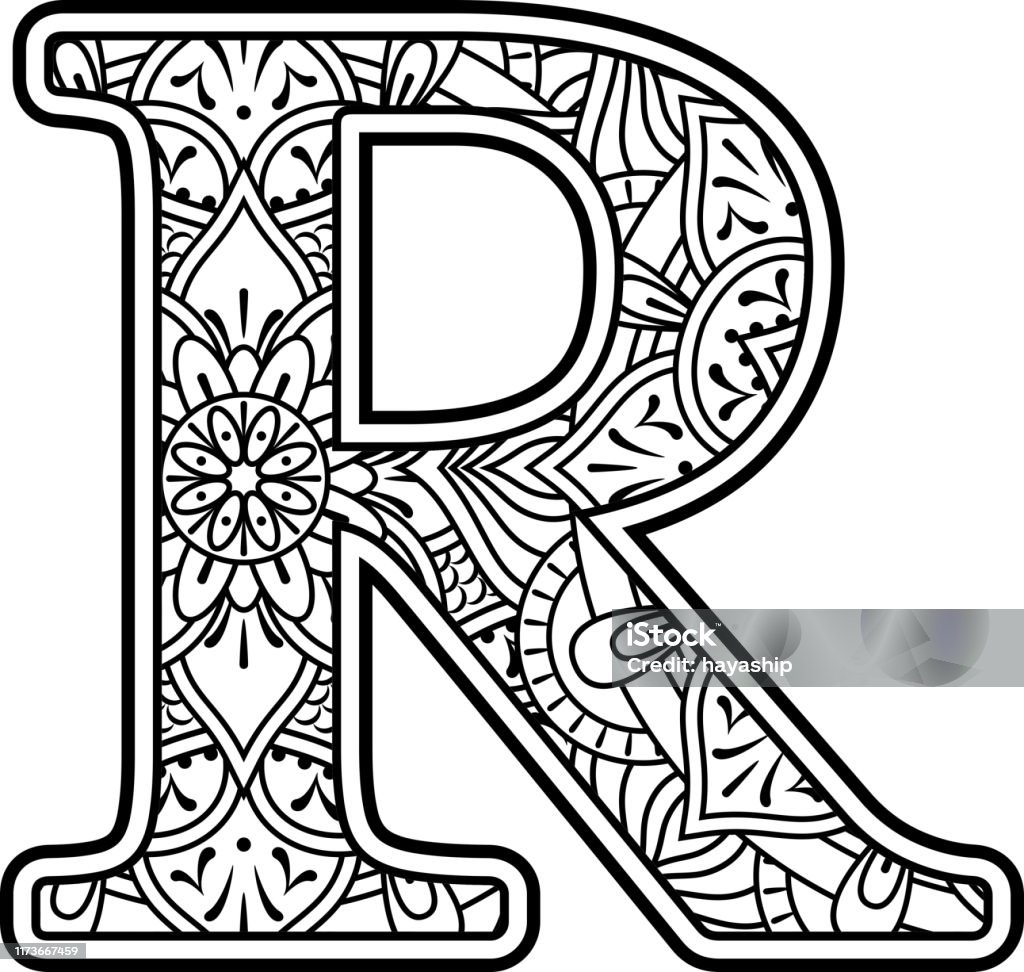 Mandala art coloring letter r stock illustration