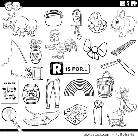 Letter r words educational task coloring book page