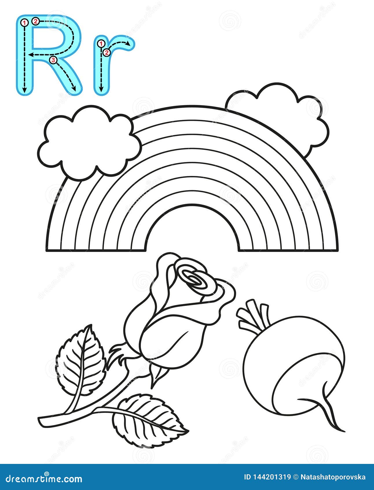 Printable coloring page for kindergarten and preschool card for study english vector coloring book alphabet letter r stock vector