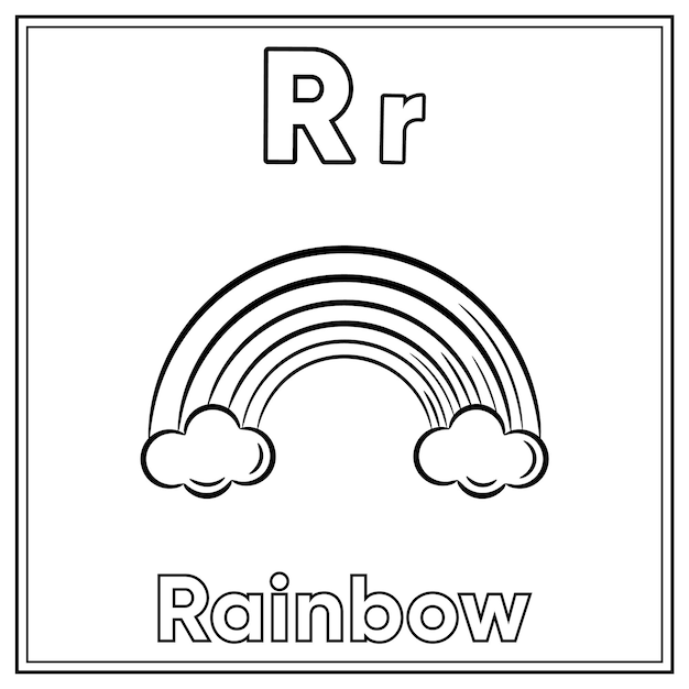 Premium vector alphabet flashcard letter r with cute rainbow drawing sketch for coloring