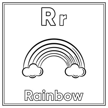 Premium vector alphabet flashcard letter r with cute rainbow drawing sketch for coloring