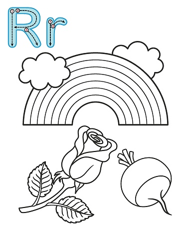 Letter r rose radish rainbow vector coloring book alphabet printable coloring page for kindergarten and preschool stock illustration
