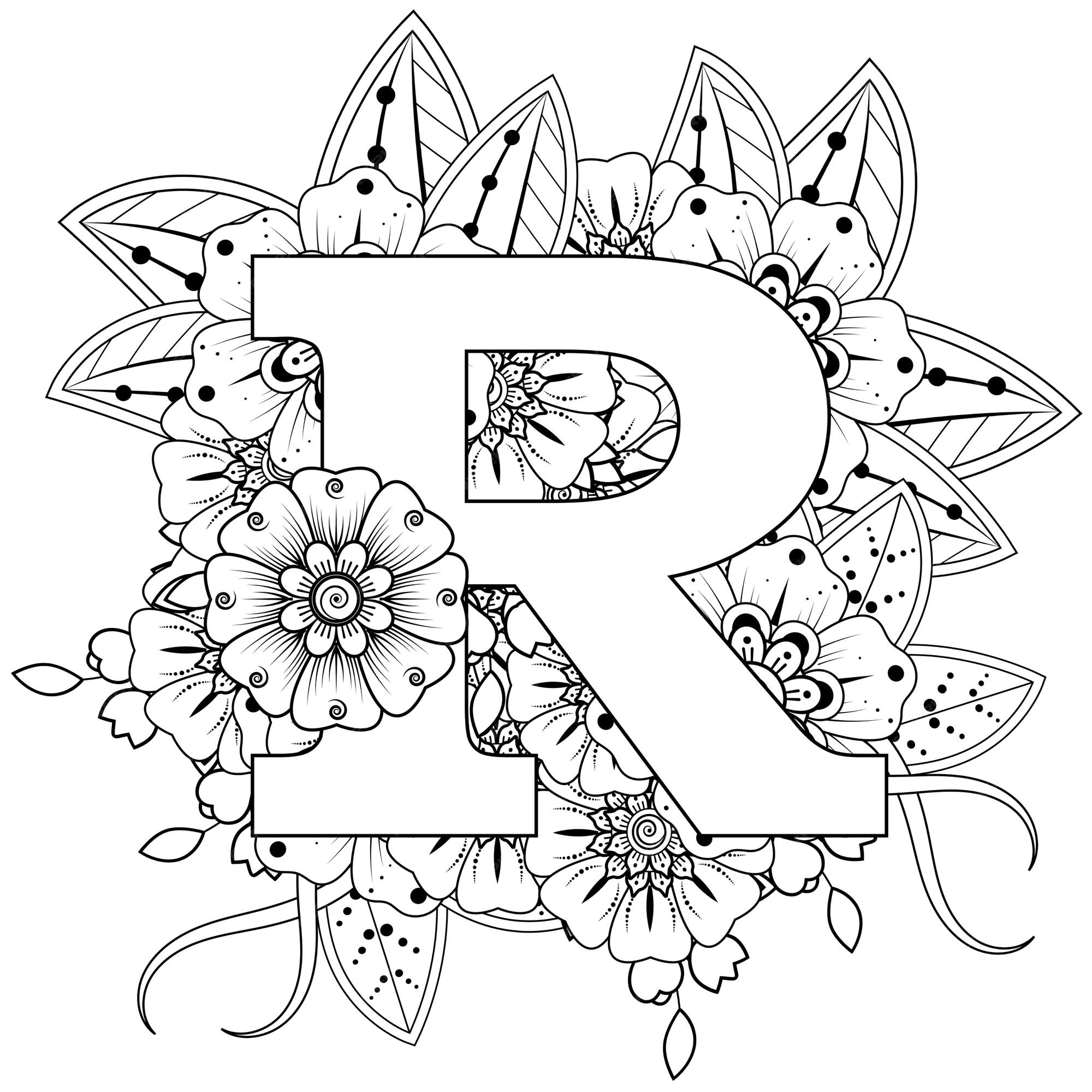 Premium vector letter r with mehndi flower decorative ornament in ethnic oriental style coloring book page