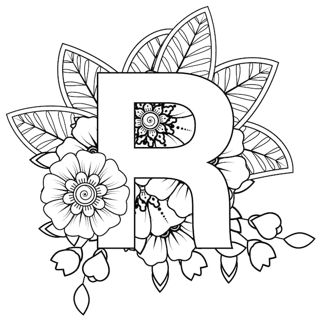 Premium vector letter r with mehndi flower decorative ornament in ethnic oriental style coloring book page