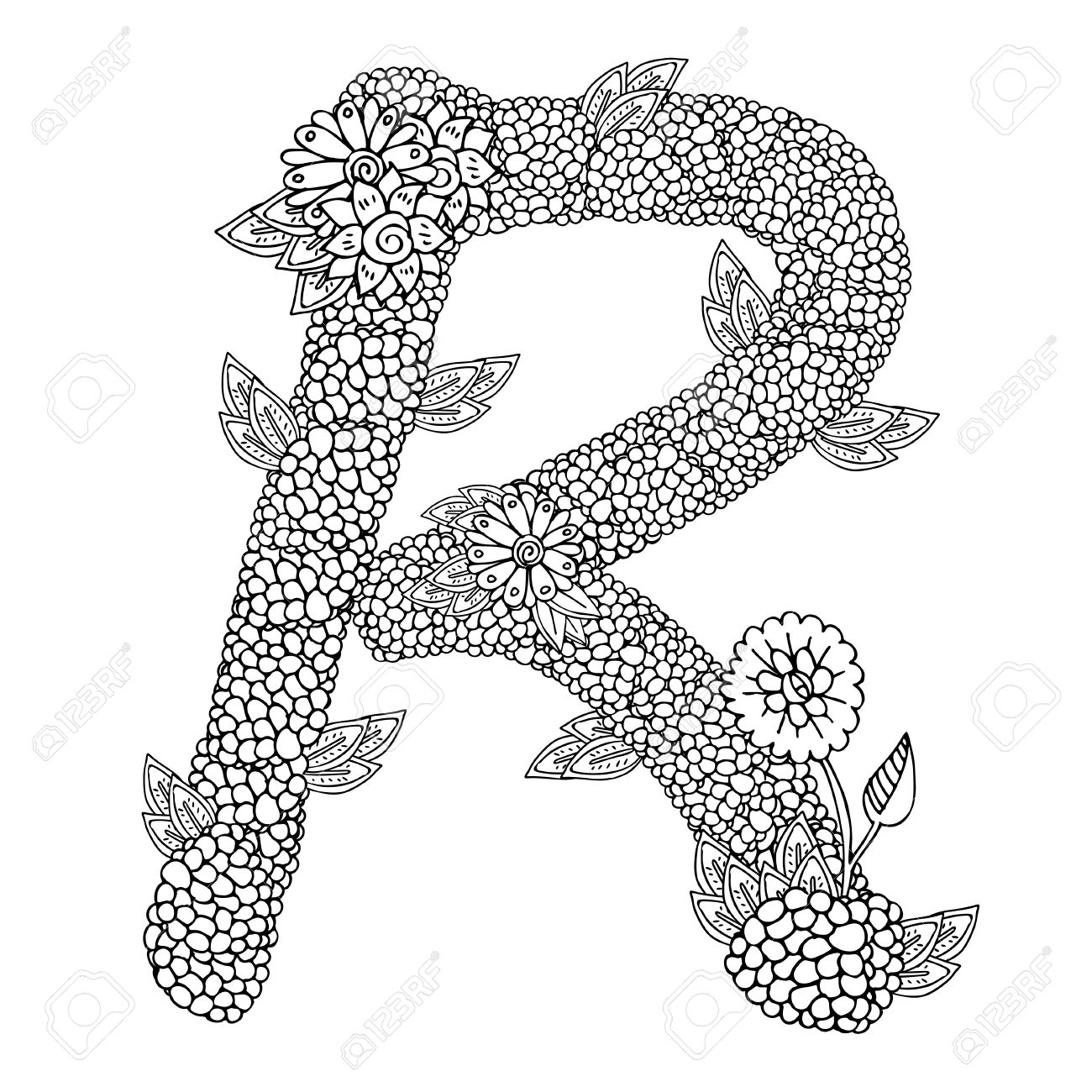 Shaped pattern of capital letter r decorated with floral ornament coloring book page for adult royalty free svg cliparts vectors and stock illustration image