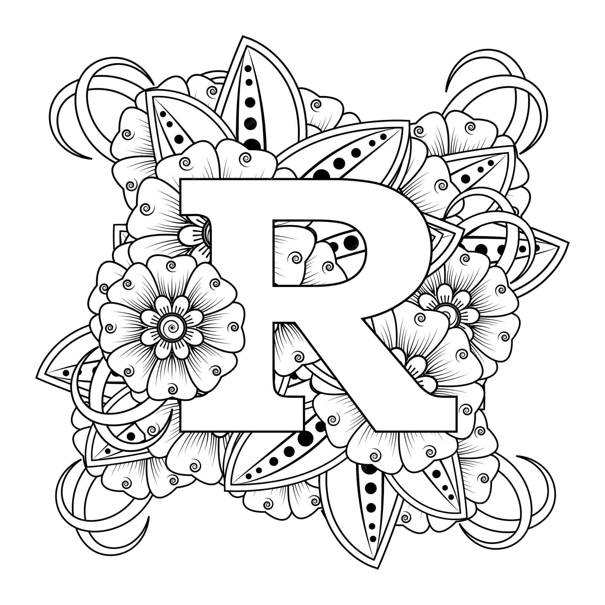 Premium vector letter r with mehndi flower decorative ornament in ethnic oriental style coloring book page