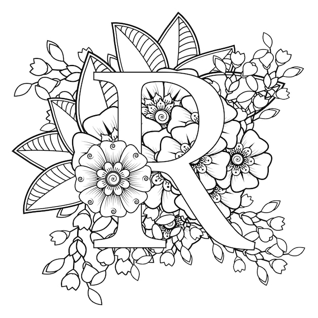 Premium vector letter r with mehndi flower decorative ornament in ethnic oriental style coloring book page