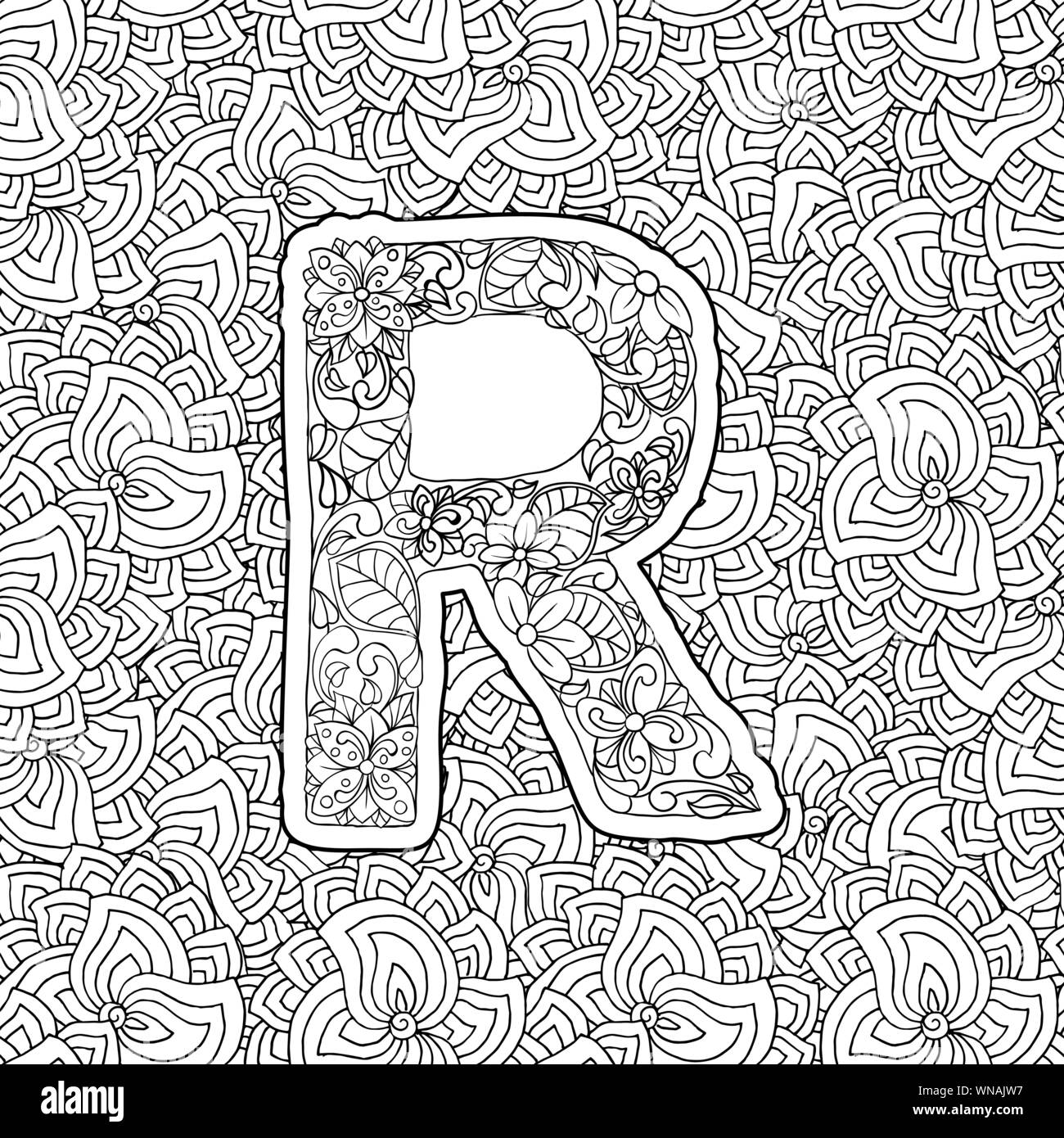 Coloring book floral ornamental alphabet initial letter r font vector typography symbol antistress page for adults and monograms isolated ornament design on patterned background stock vector image art
