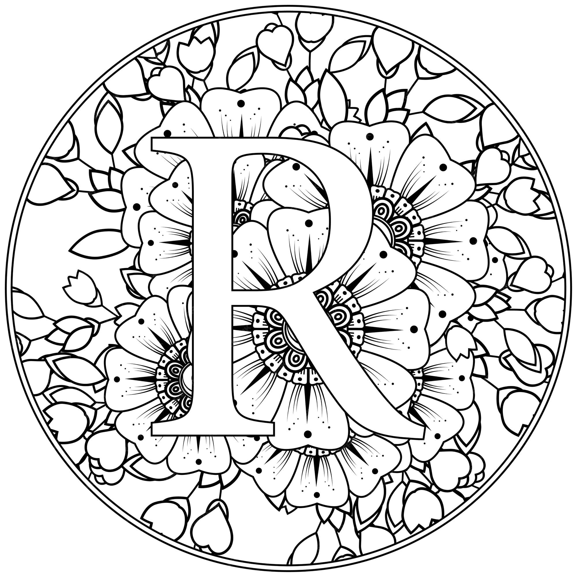 Premium vector letter r with mehndi flower decorative ornament in ethnic oriental style coloring book page