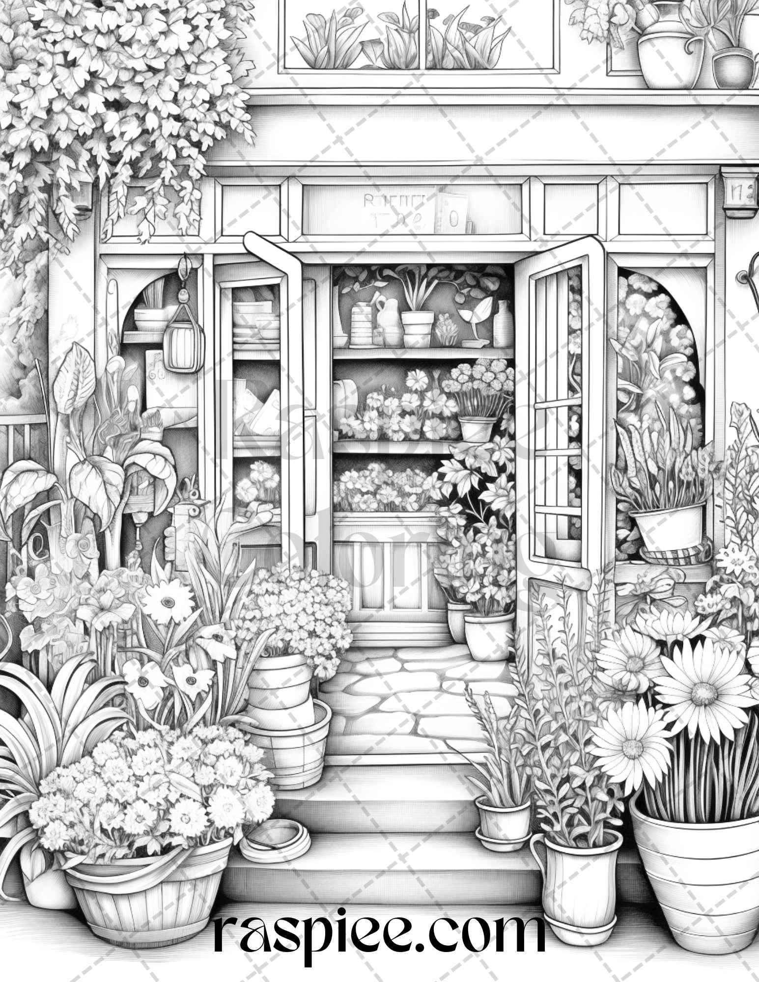 Flower store front grayscale coloring pages printable for adults p â coloring
