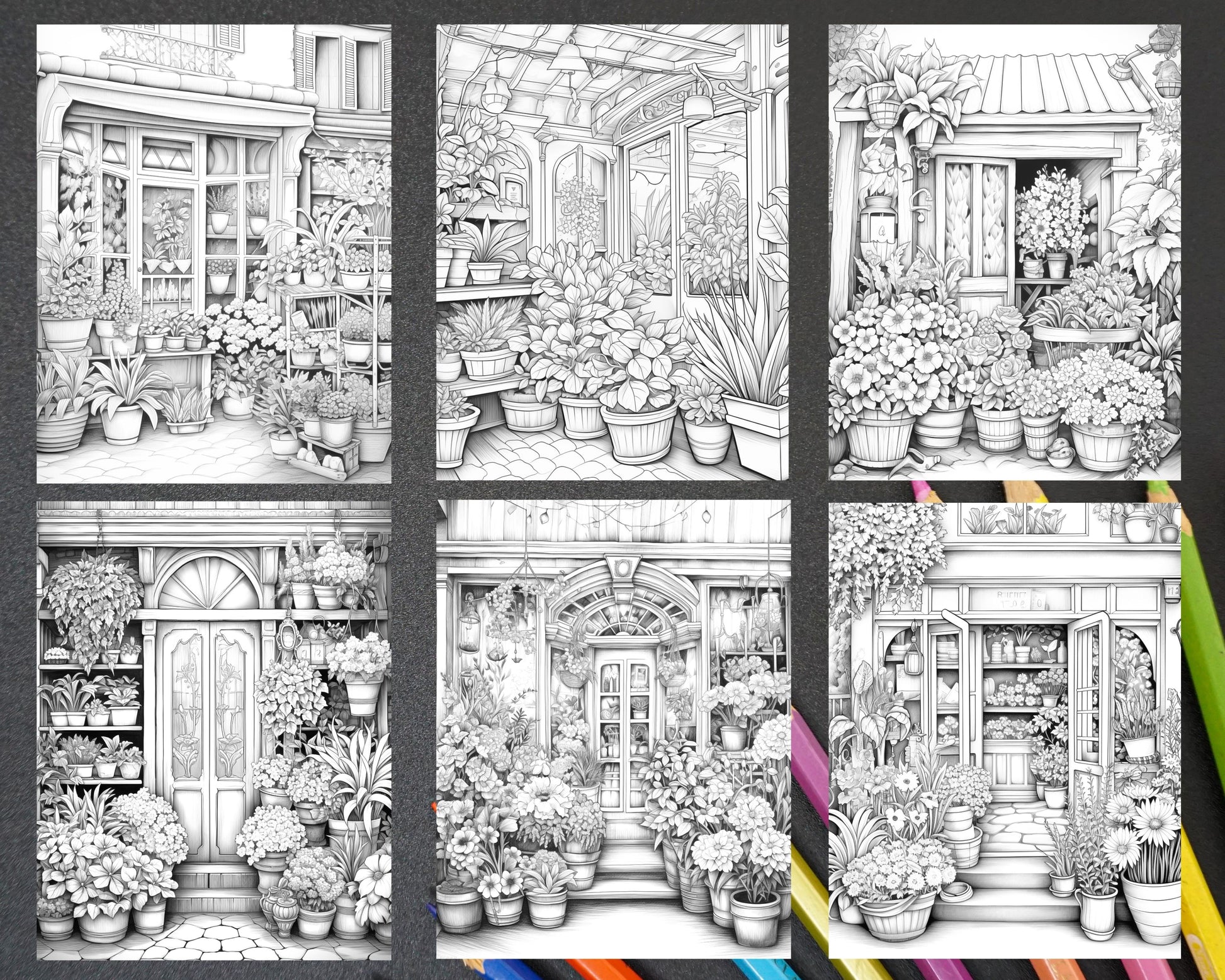 Flower store front grayscale coloring pages printable for adults p â coloring