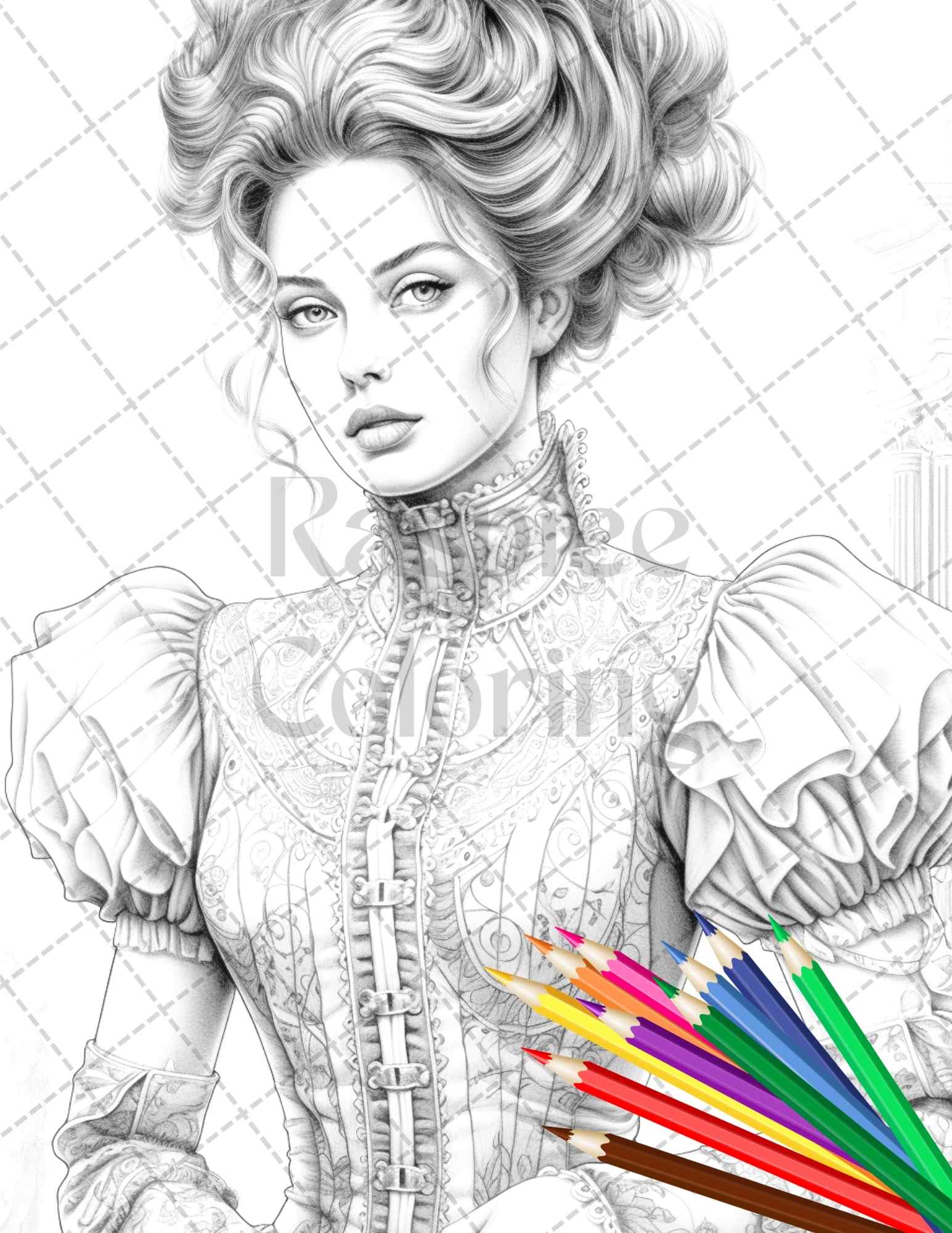 Victorian fashion grayscale coloring pages printable for adults pd â coloring