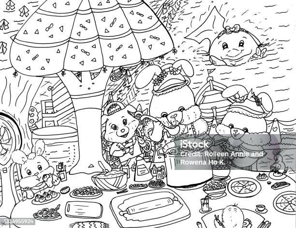 Bright cartoon bunny rabbit family and friends preparing and cooking food at food stall childrens coloring page illustration stock illustration