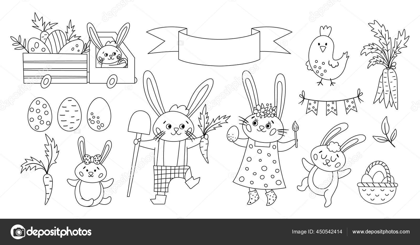 Vector black white easter bunny family set coloring page outline stock vector by lexiclaus