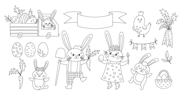 Premium vector vector black and white easter bunny family set or coloring page outline rabbit mother father daughter and son with spring elements cute animal icons pack for kids funny truck