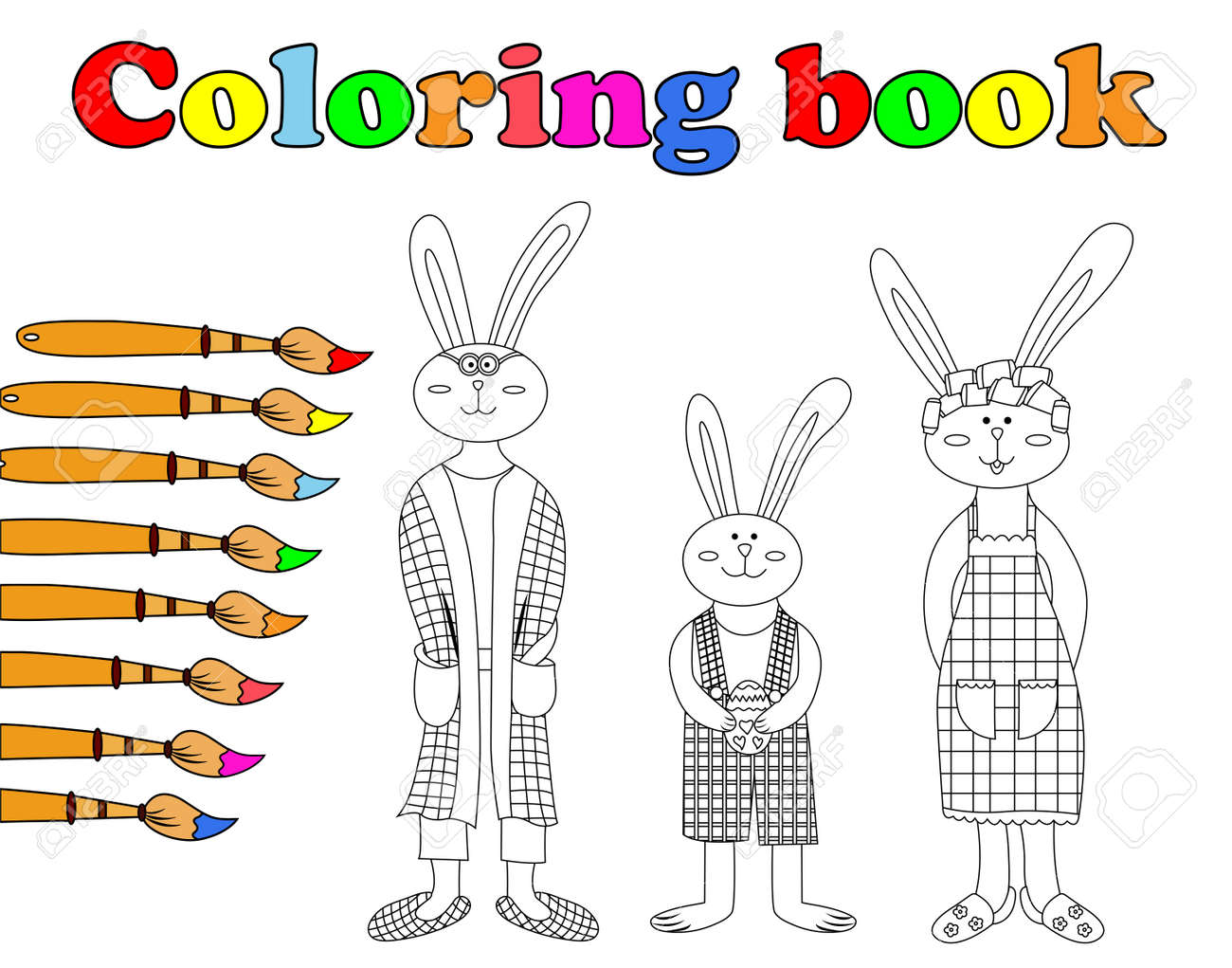 Happy easter cute cartoon hare family vector coloring page outline bunny rabbit family vector illustration of happy rabbits family in morning coloring book for children royalty free svg cliparts vectors and stock