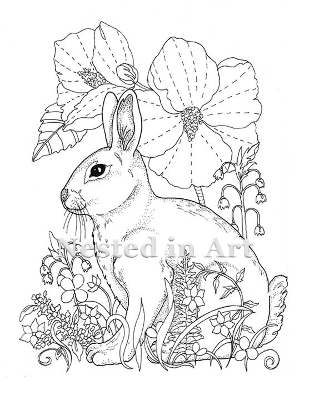 Adult coloring page bunny and hibiscus digital download