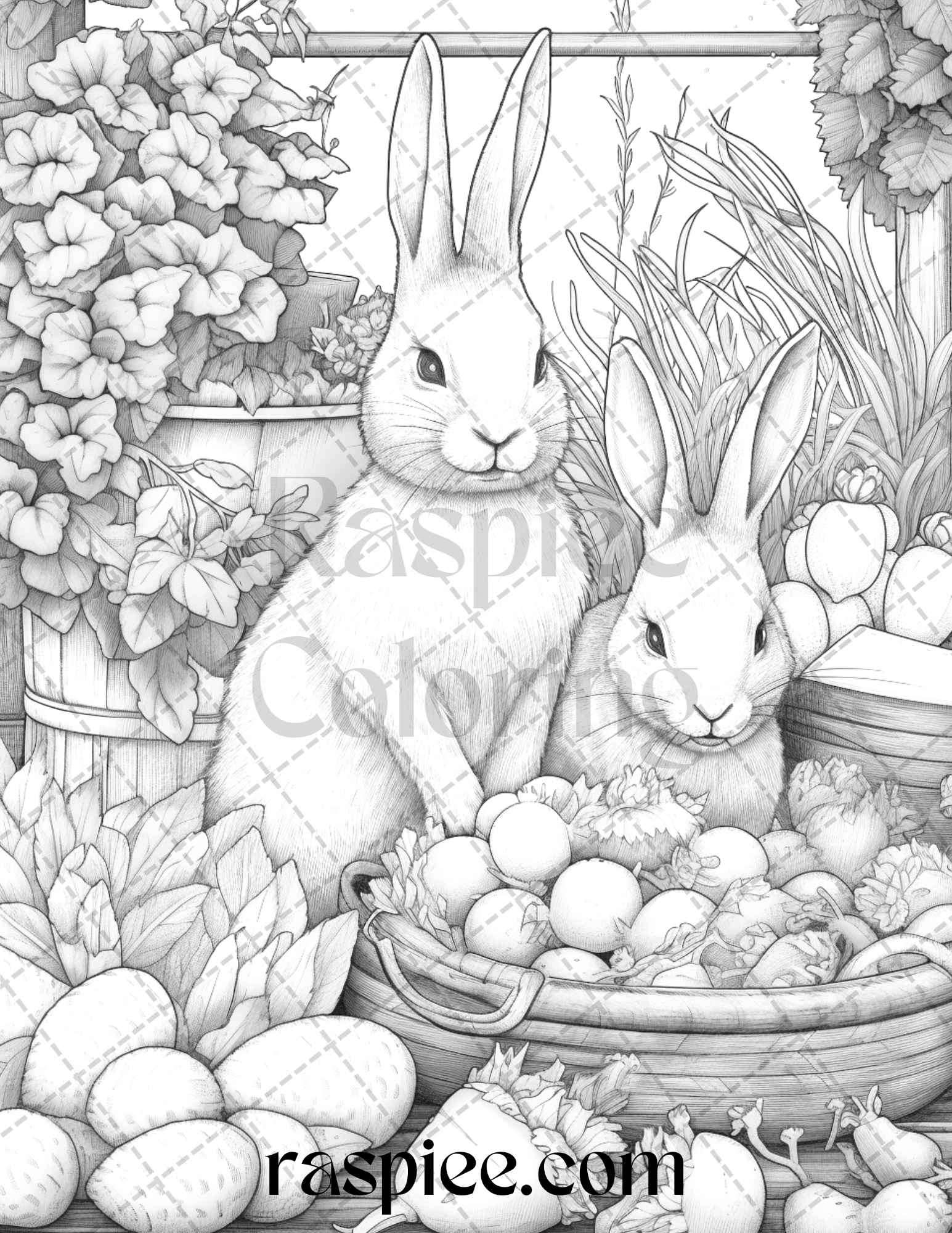Rabbit garden grayscale coloring pages printable for adults pdf fi â coloring