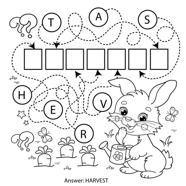 Maze or labyrinth game puzzle coloring page outline of cartoon cute bunny or rabbit with a watering can and with carrot and cabbage coloring book for kids stock illustration