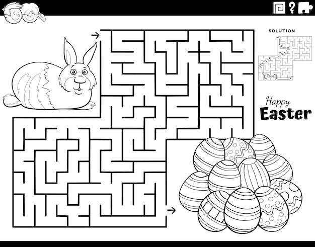 Premium vector maze with easter bunny and easter eggs coloring page