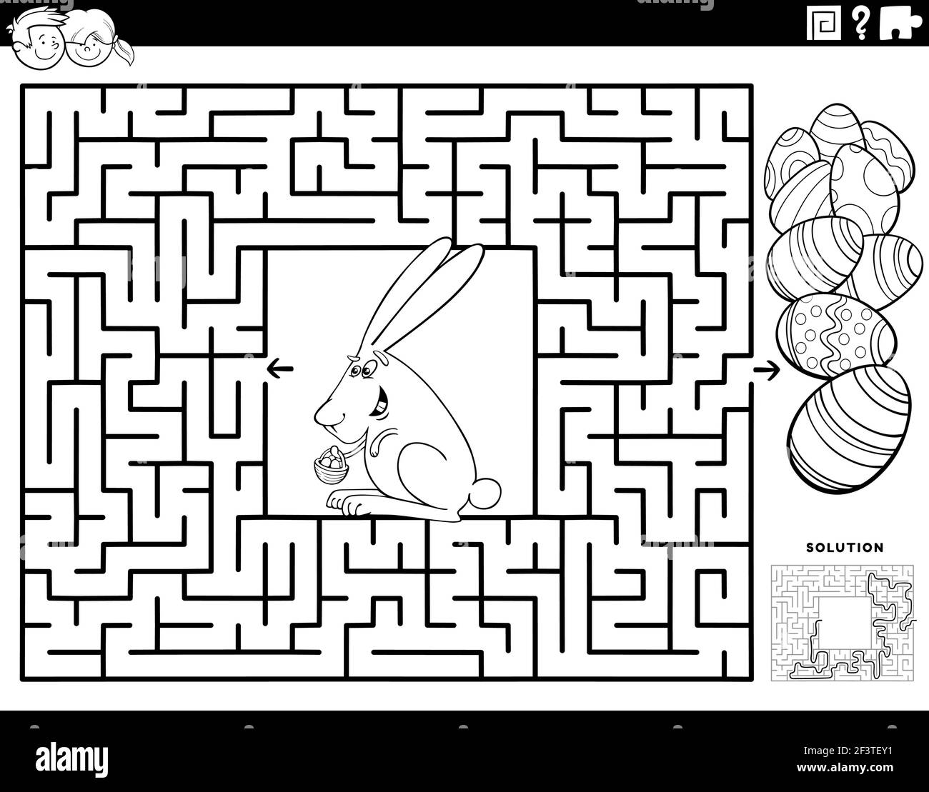 Black and white cartoon illustration of educational maze puzzle game for children with easter bunny and colored eggs coloring book page stock vector image art
