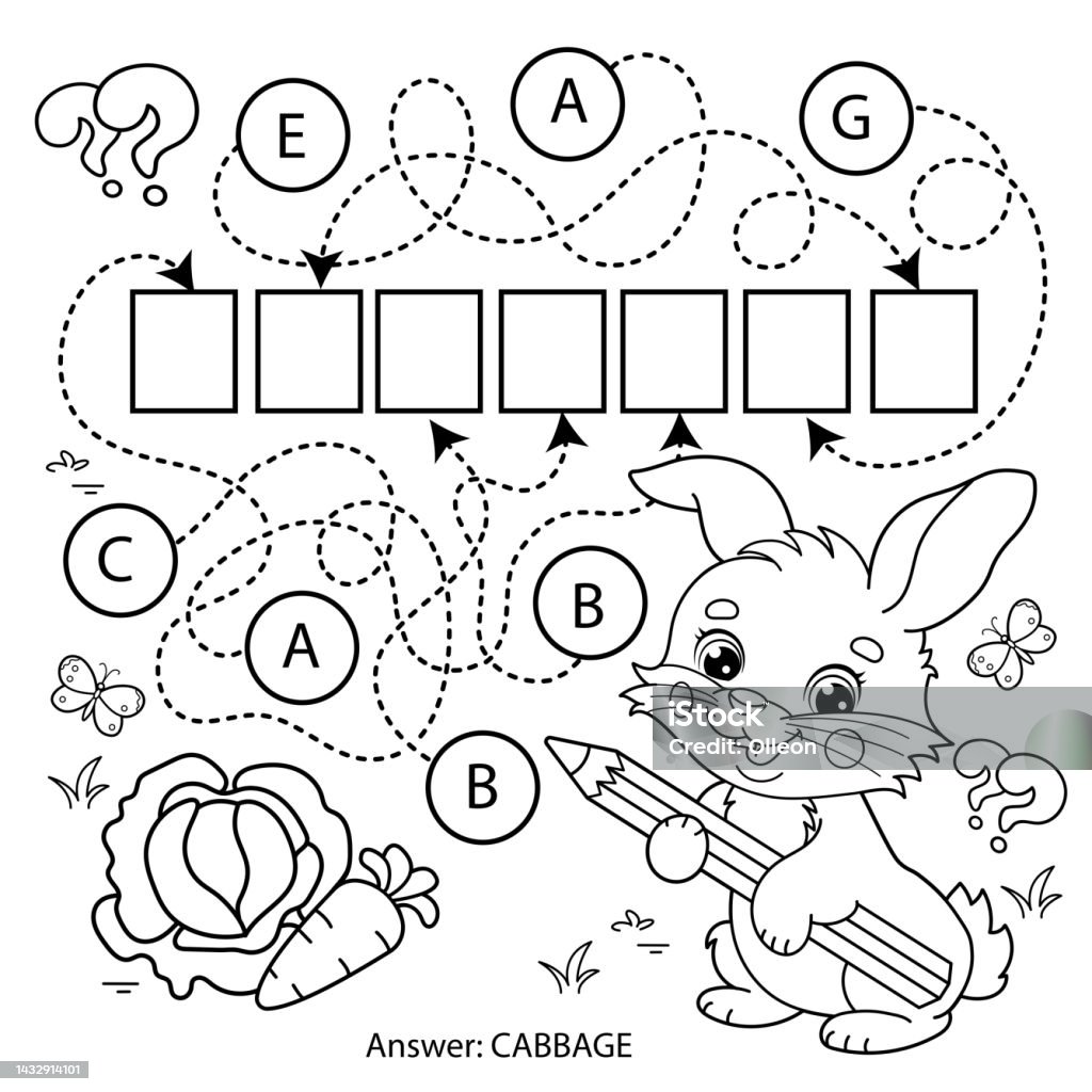 Maze or labyrinth game puzzle coloring page outline of cartoon cute bunny or rabbit with carrot and cabbage coloring book for kids stock illustration