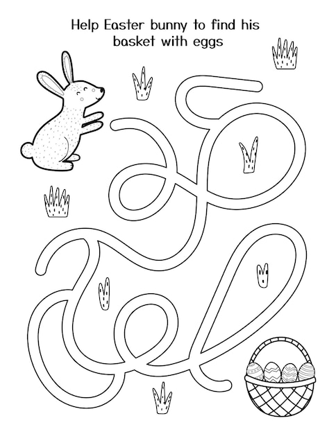 Premium vector help cute bunny to get his basket with eggs easter maze game for kids black and white spring activity page easter rabbit labyrinth puzzle
