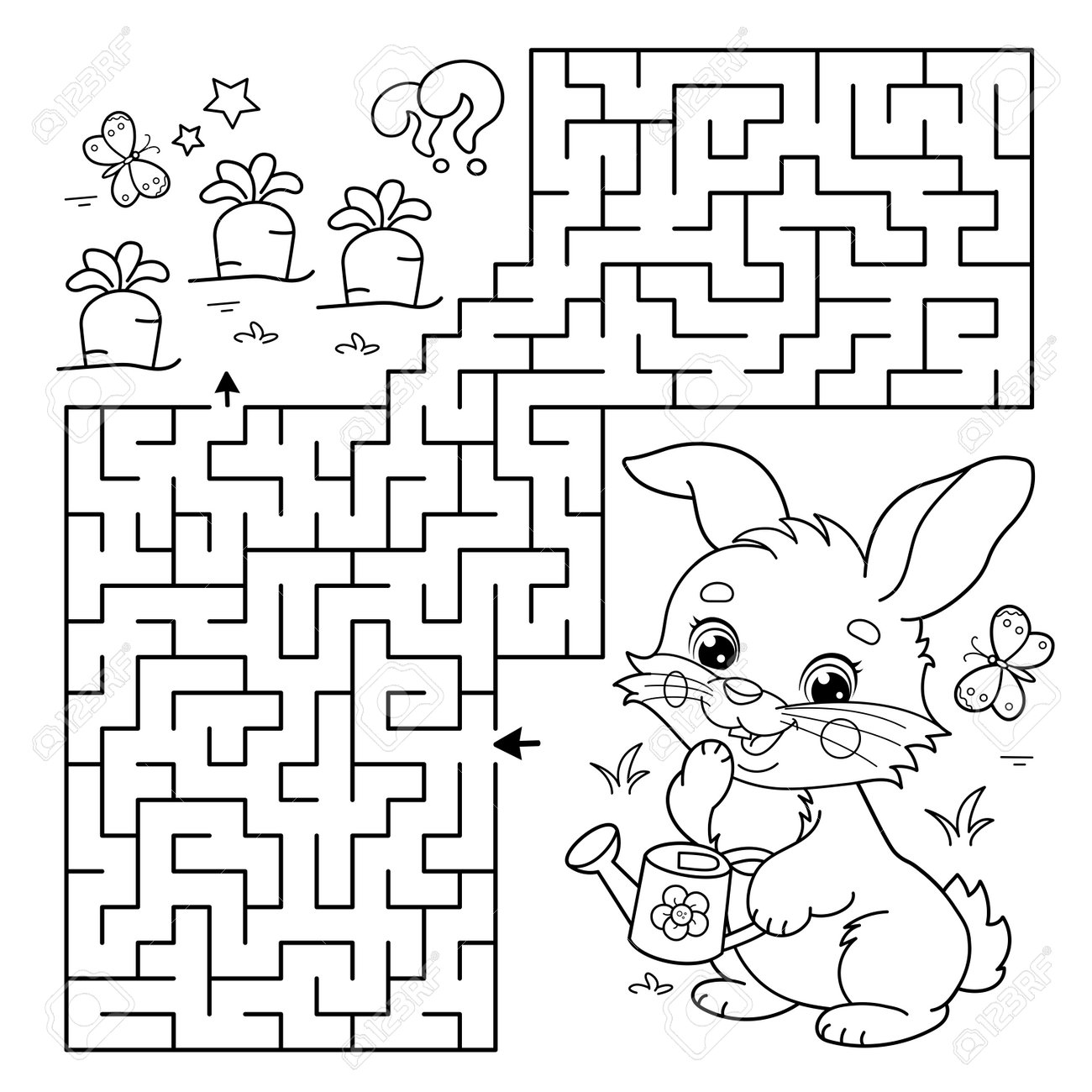 Maze or labyrinth game puzzle coloring page outline of cartoon cute bunny or rabbit with a watering can and with carrot and cabbage coloring book for kids royalty free svg cliparts vectors