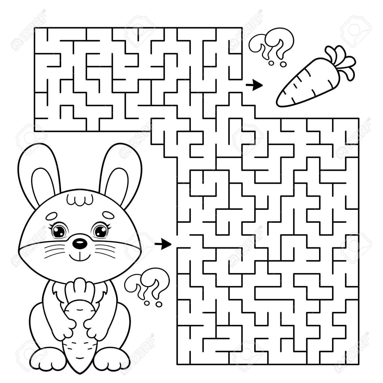 Maze or labyrinth game puzzle coloring page outline of cartoon little bunny or hare with carrot coloring book for kids royalty free svg cliparts vectors and stock illustration image