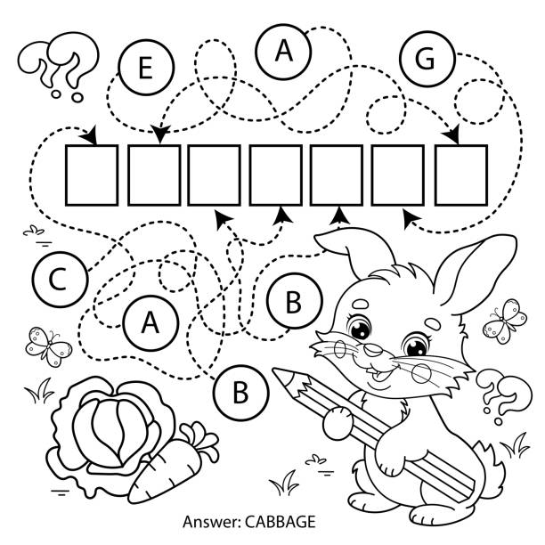 Maze or labyrinth game puzzle coloring page outline of cartoon cute bunny or rabbit with carrot and cabbage coloring book for kids stock illustration