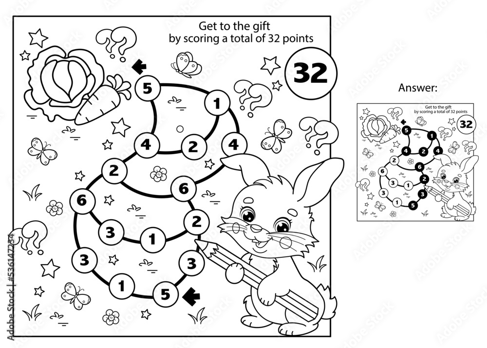 Math addition game puzzle for kids maze coloring page outline of cartoon cute bunny or rabbit with carrot and cabbage coloring book for children vector