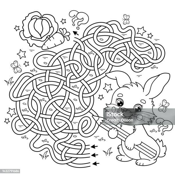 Maze or labyrinth game puzzle coloring page outline of cartoon cute bunny or rabbit with carrot and cabbage coloring book for kids stock illustration