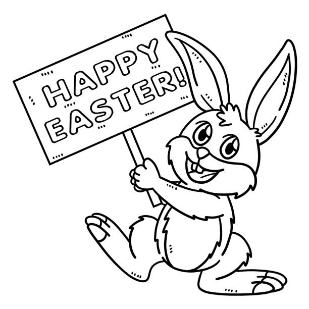 Bunny holding happy easter isolated coloring page stock illustration