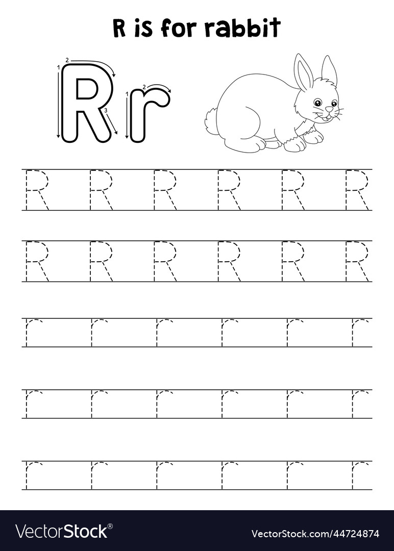 Rabbit animal tracing letter abc coloring page r vector image