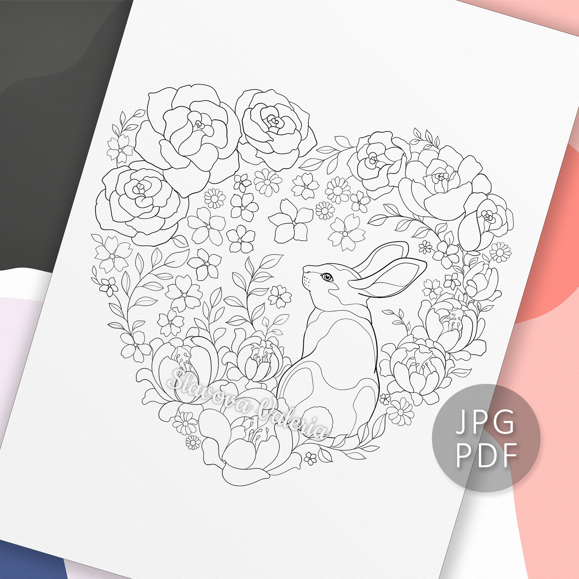 Rabbit in flowers digital stamps adult coloring book pages by valeria slavova